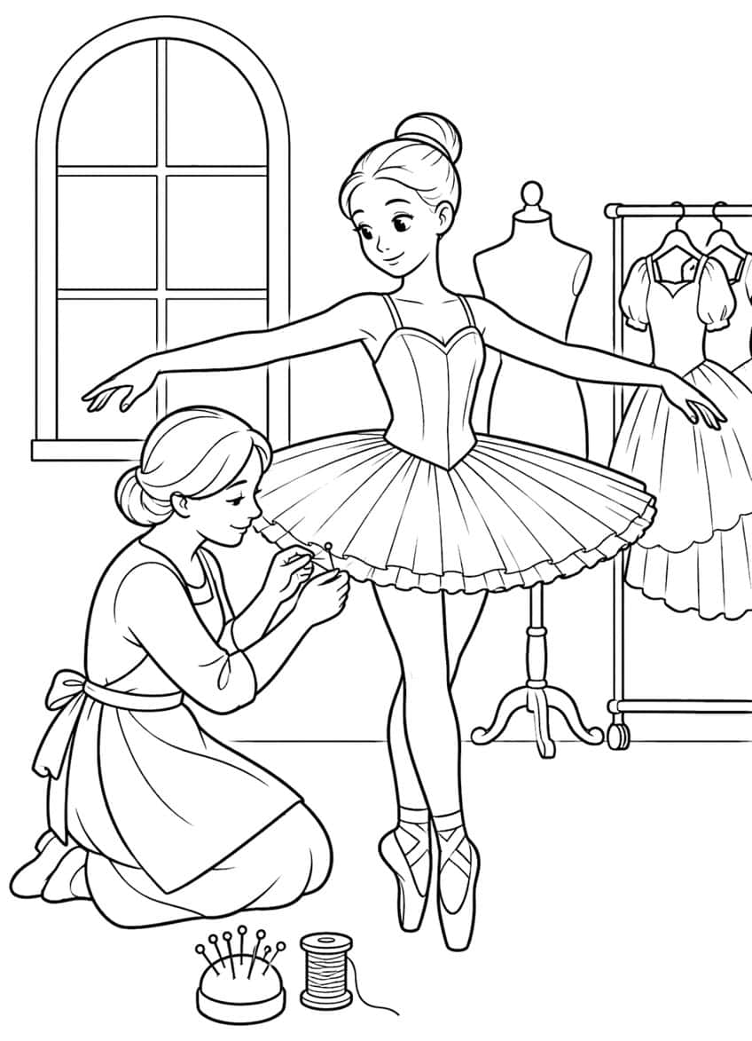 Seamstress kneeling to pin a ballerina's tutu, with dress form, costume rack, arched window, pincushion and thread