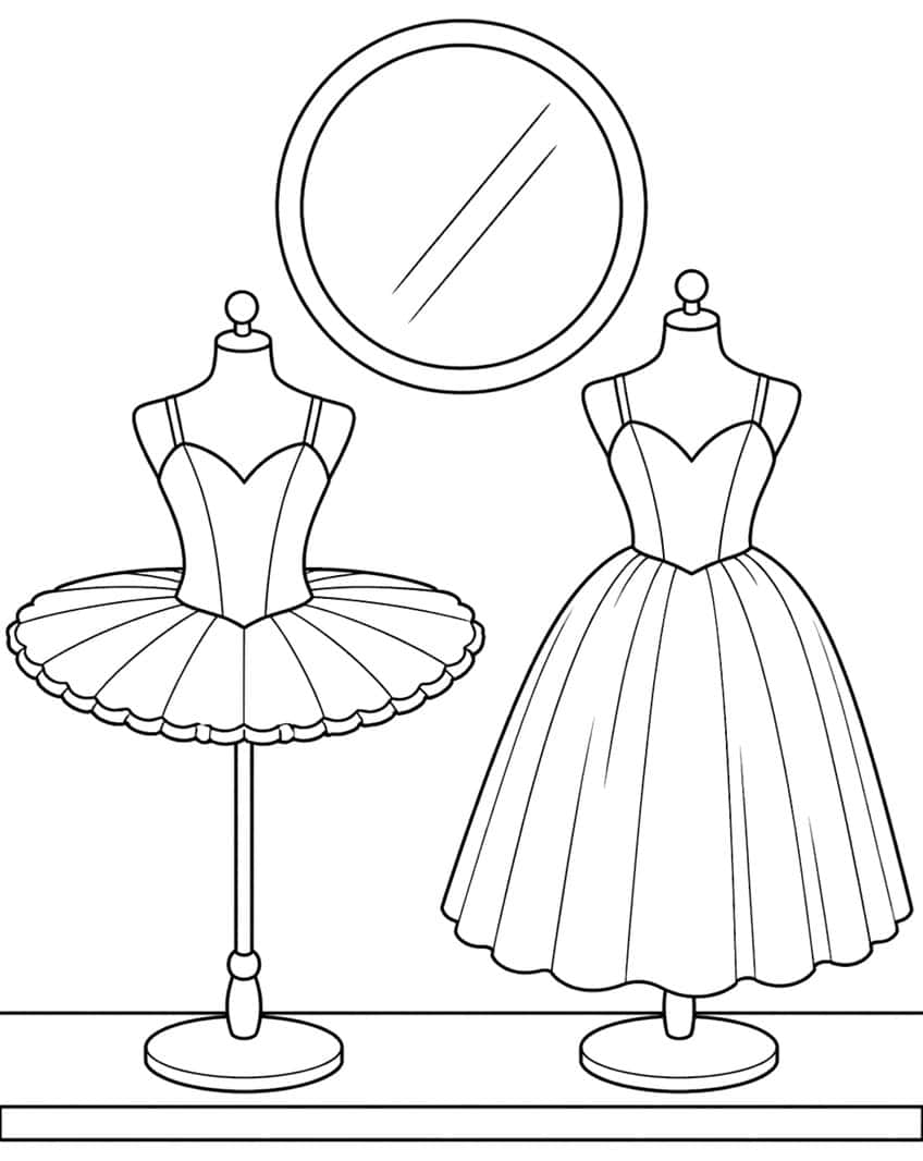 Two dress forms wearing a short tutu and a long ballet skirt, with a round mirror above a shelf