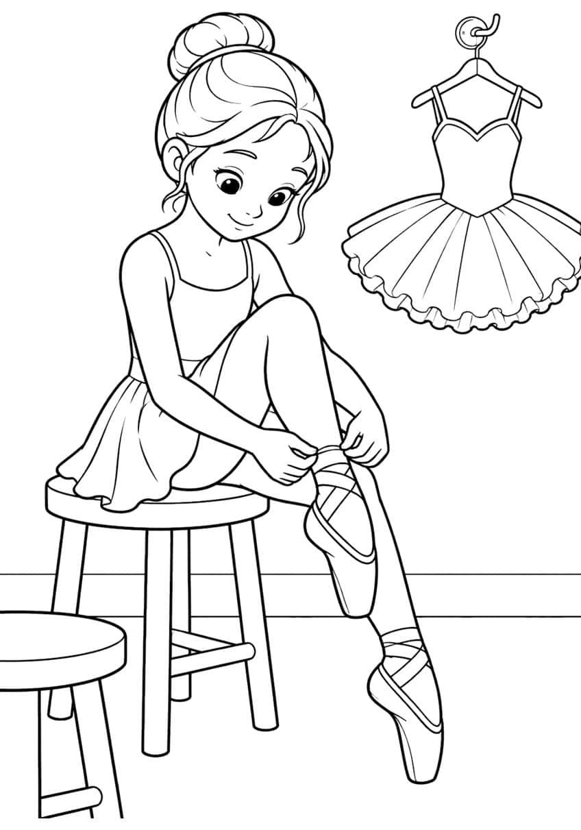 Girl with a bun sitting on a stool tying pointe shoe ribbons, a tutu on a hanger, and a second stool
