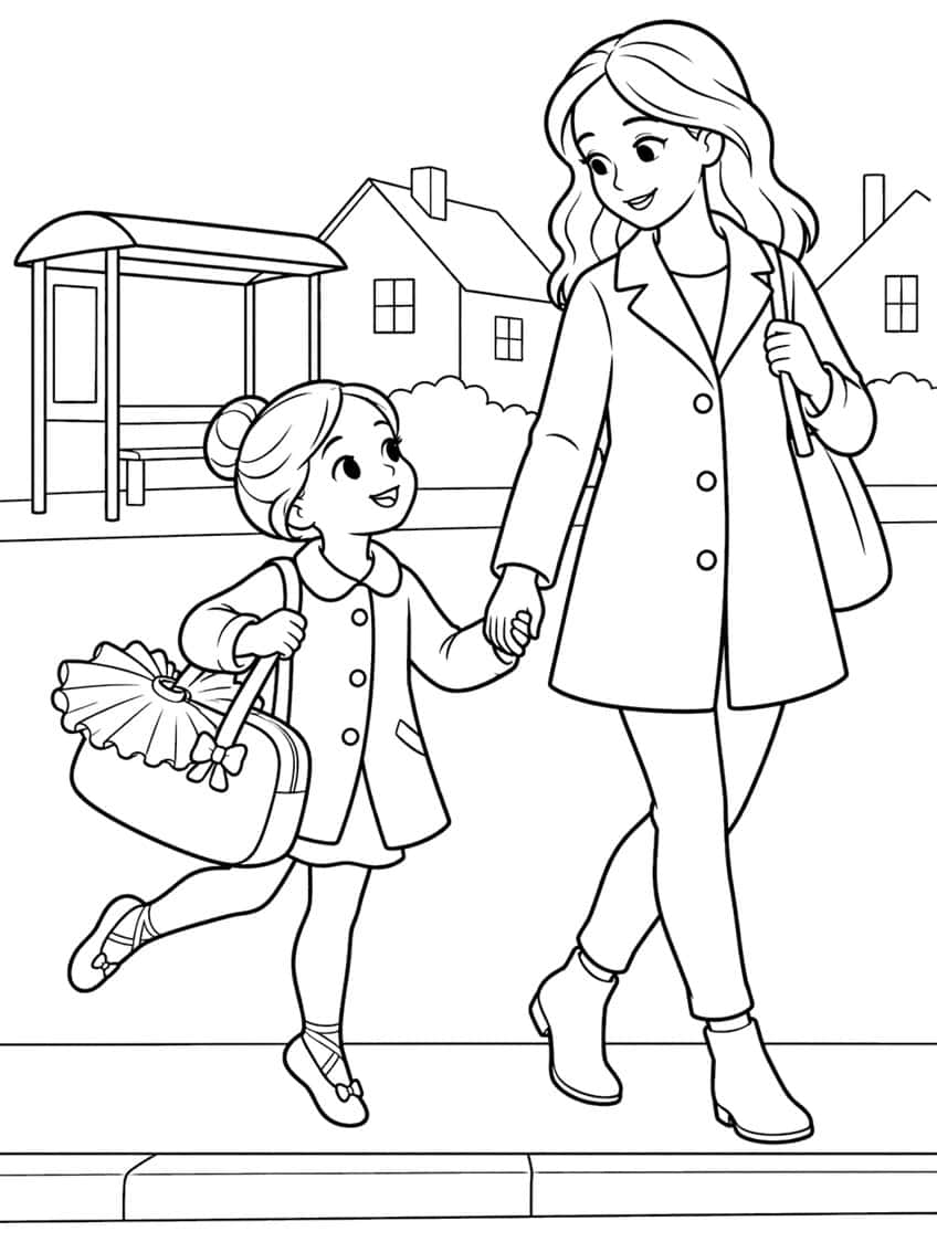 Girl with a bun and dance bag holding hands with a woman in a coat, bus shelter and houses behind