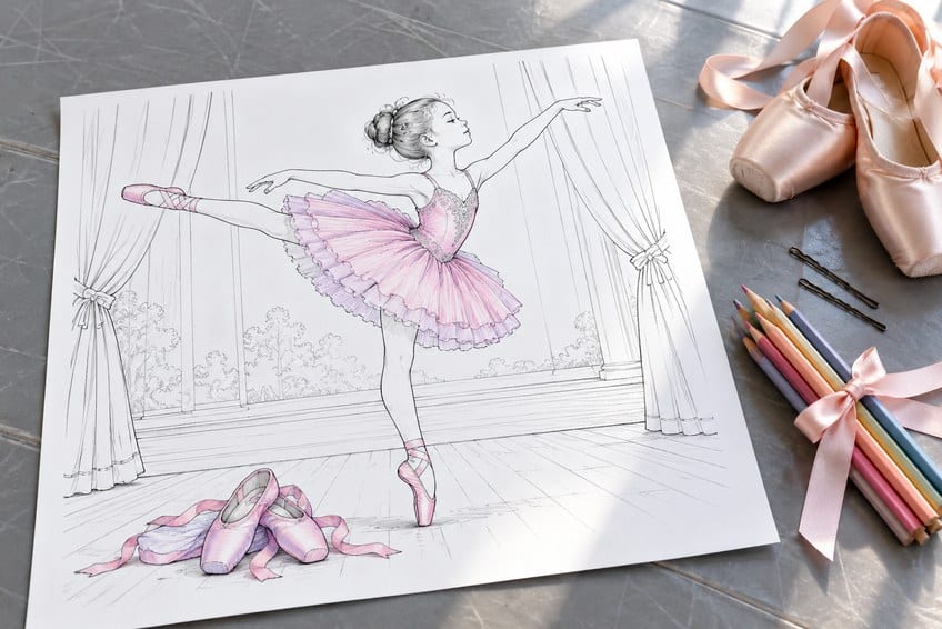 ballerina coloring page partly colored in with pencils