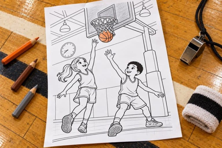 basketball coloring page partly colored in with pencils