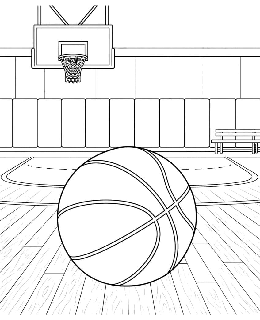 Coloring page of a large basketball on a wooden gym floor with a hoop and bench behind it