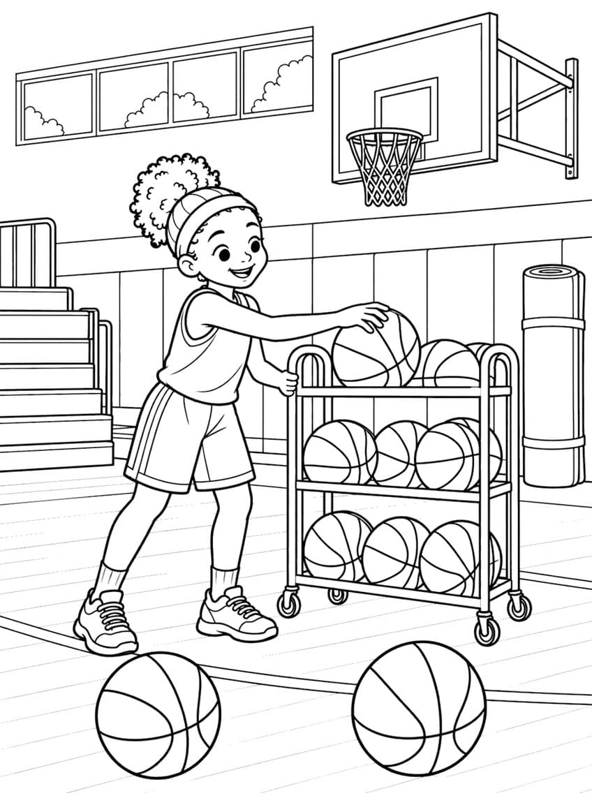 Coloring page of a girl placing a basketball on a ball rack in a gym below a hoop