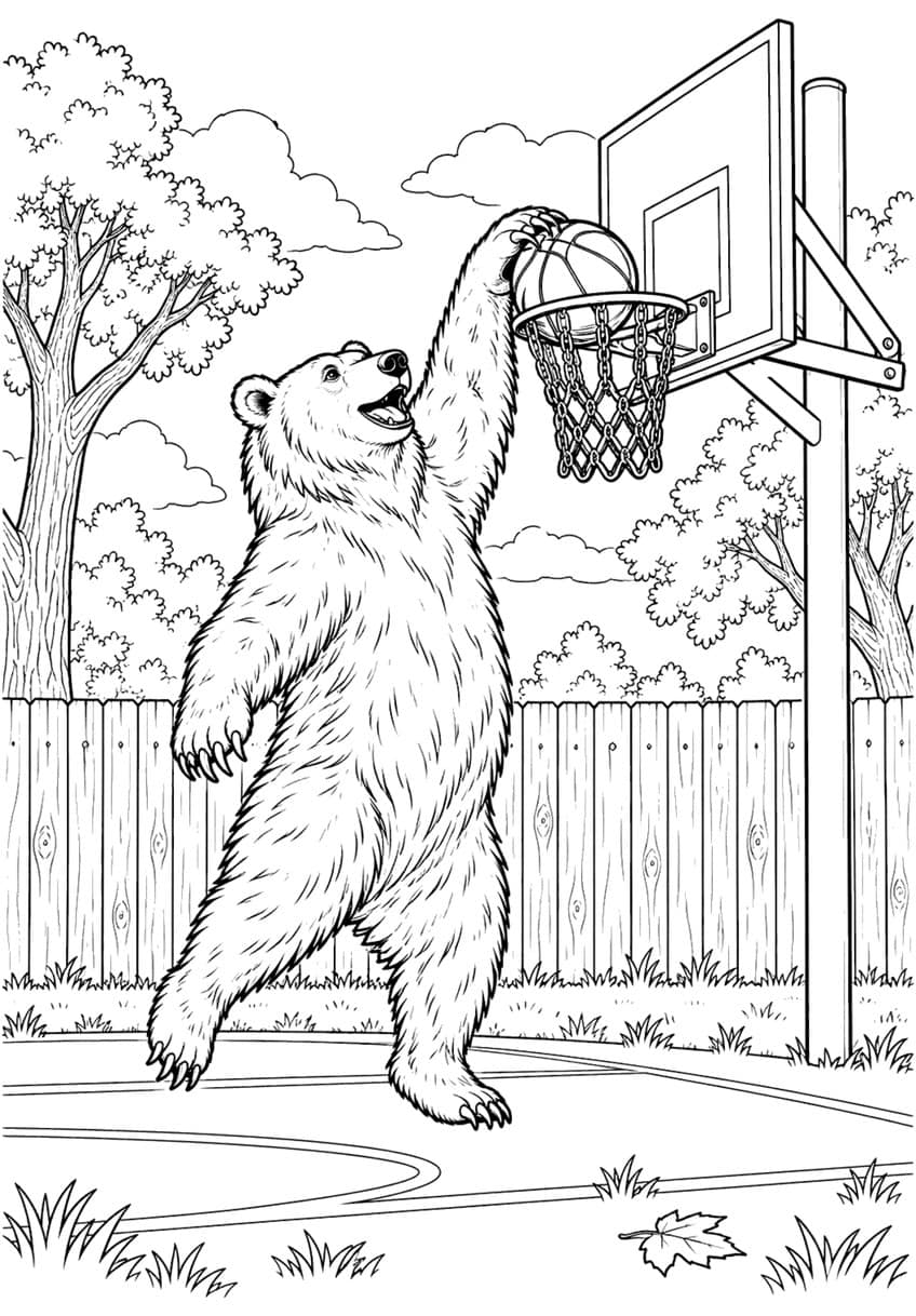 Coloring page of a bear dunking a basketball into a chain net hoop by a wooden backyard fence