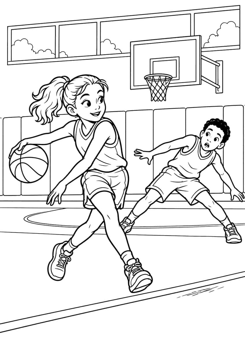 Coloring page of a ponytail girl dribbling a basketball past a surprised boy in a gym