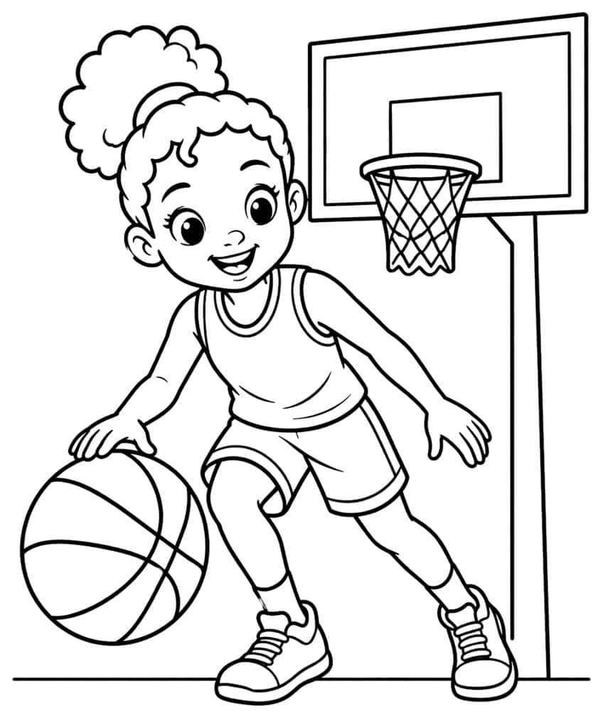 Coloring page of a smiling girl with a curly bun dribbling a large basketball in front of a hoop
