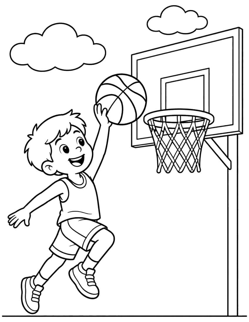 Coloring page of a boy jumping to shoot a basketball at an outdoor hoop under two clouds