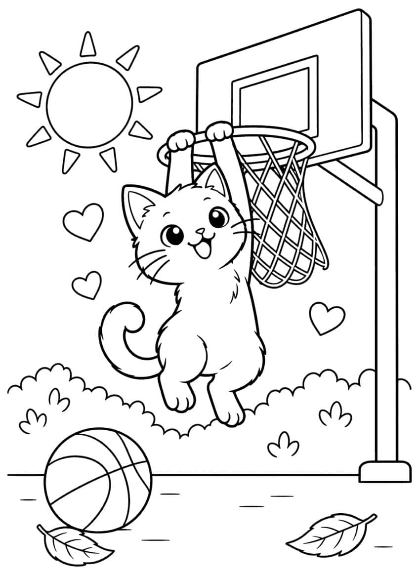 Coloring page of a smiling kitten hanging from a basketball hoop with a ball, sun and hearts