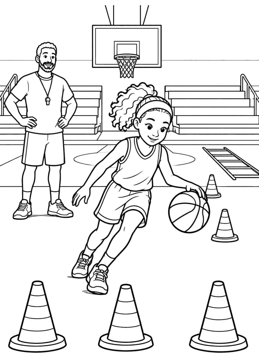 Coloring page of a girl dribbling through cones while her coach watches in a gym