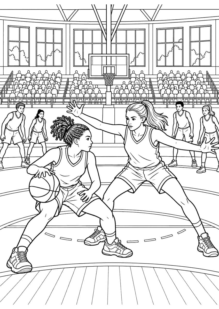 Coloring page of a girl dribbling past a defender with outstretched arms in a full gym