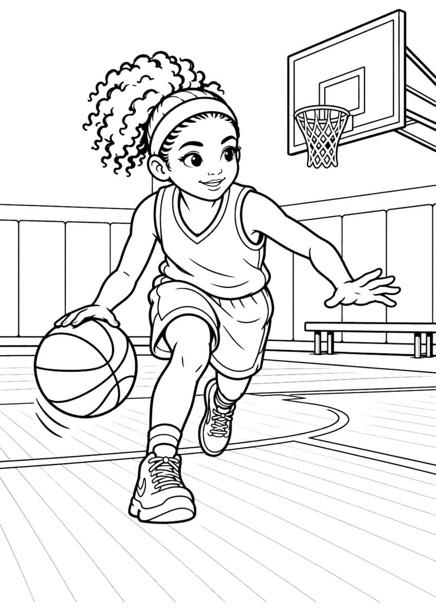 Coloring page of a girl with a headband and curly ponytail dribbling a basketball in a gym
