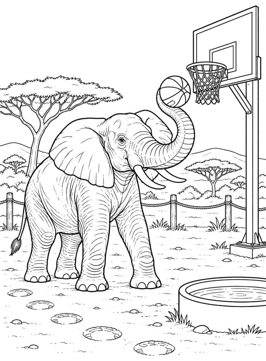 Coloring page of an elephant throwing a basketball at a hoop with its trunk on the savanna