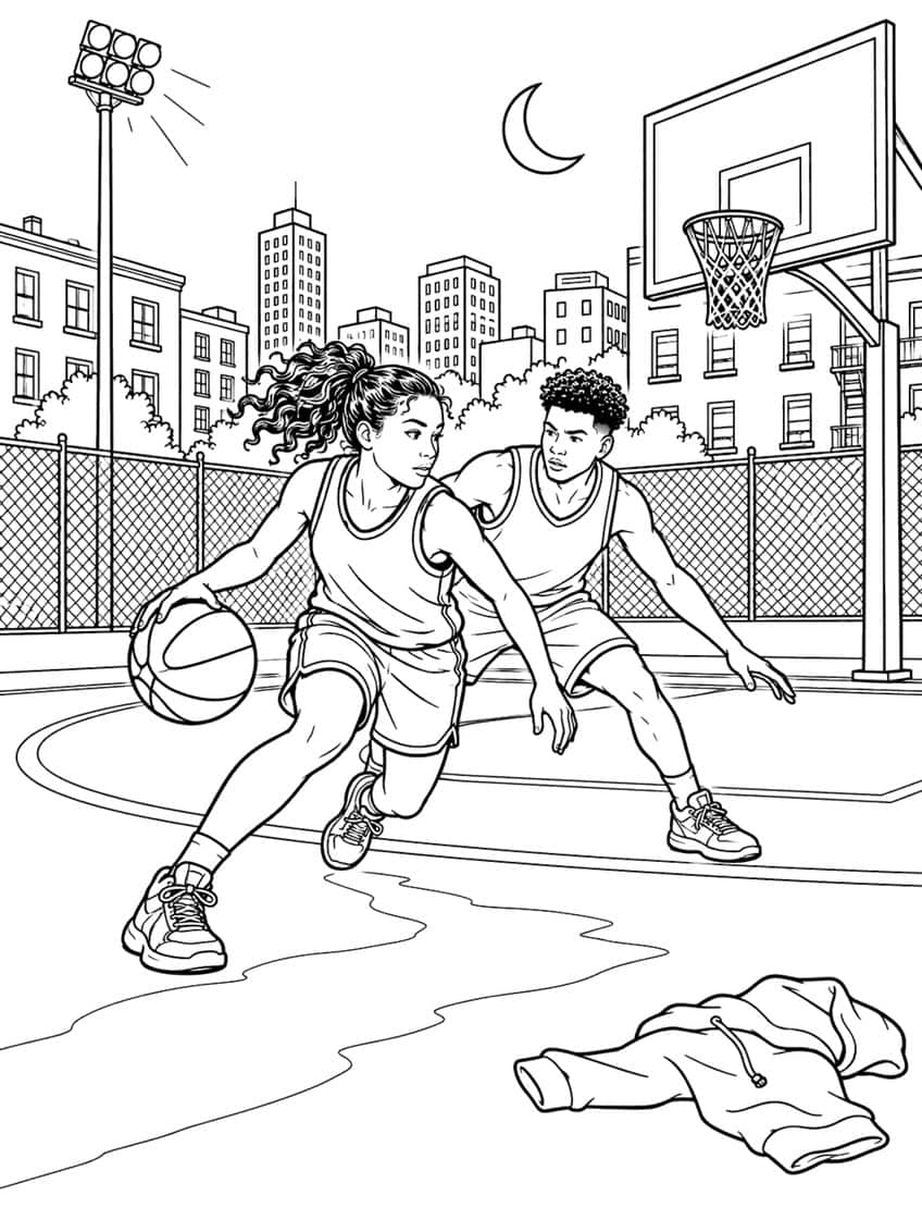 Coloring page of a girl dribbling past a defender on an outdoor city court at night