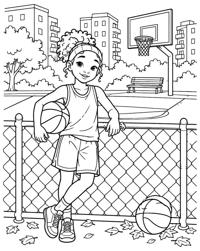 Coloring page of a girl holding a basketball and leaning on a fence by an outdoor court