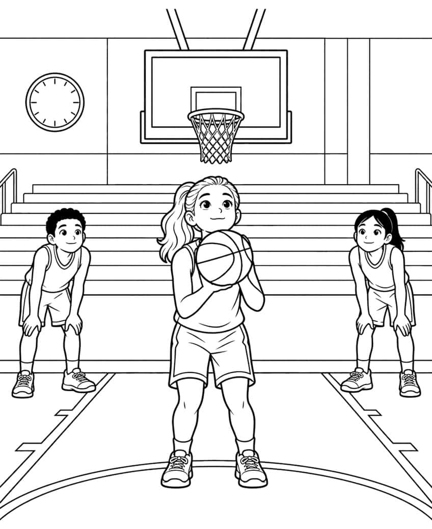 Coloring page of a girl taking a free throw while two kids wait crouched beside the lane