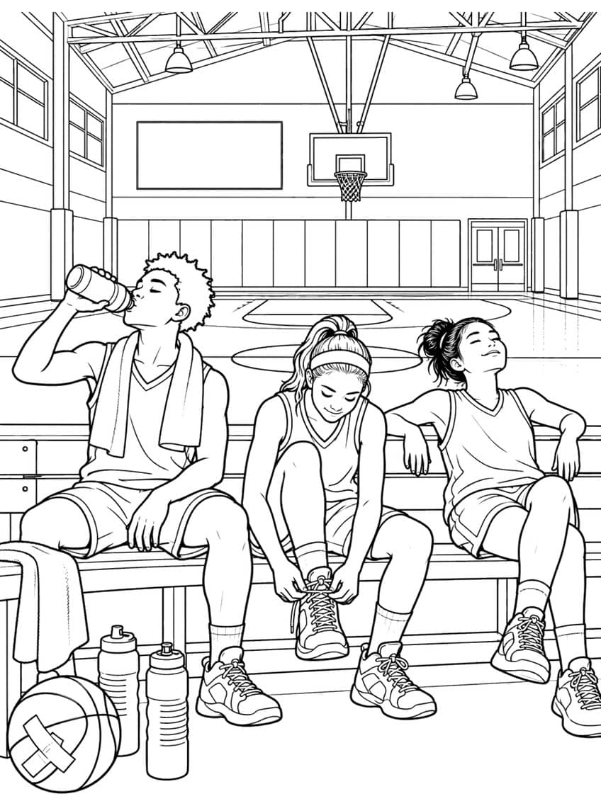 Coloring page of three basketball players resting on a gym bench with water bottles and a ball