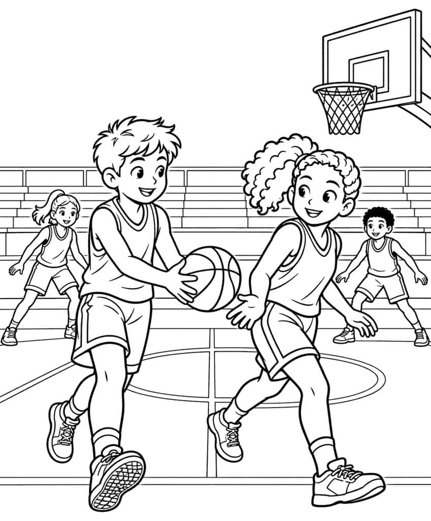 Coloring page of a boy handing a basketball to a curly-haired girl on a gym court