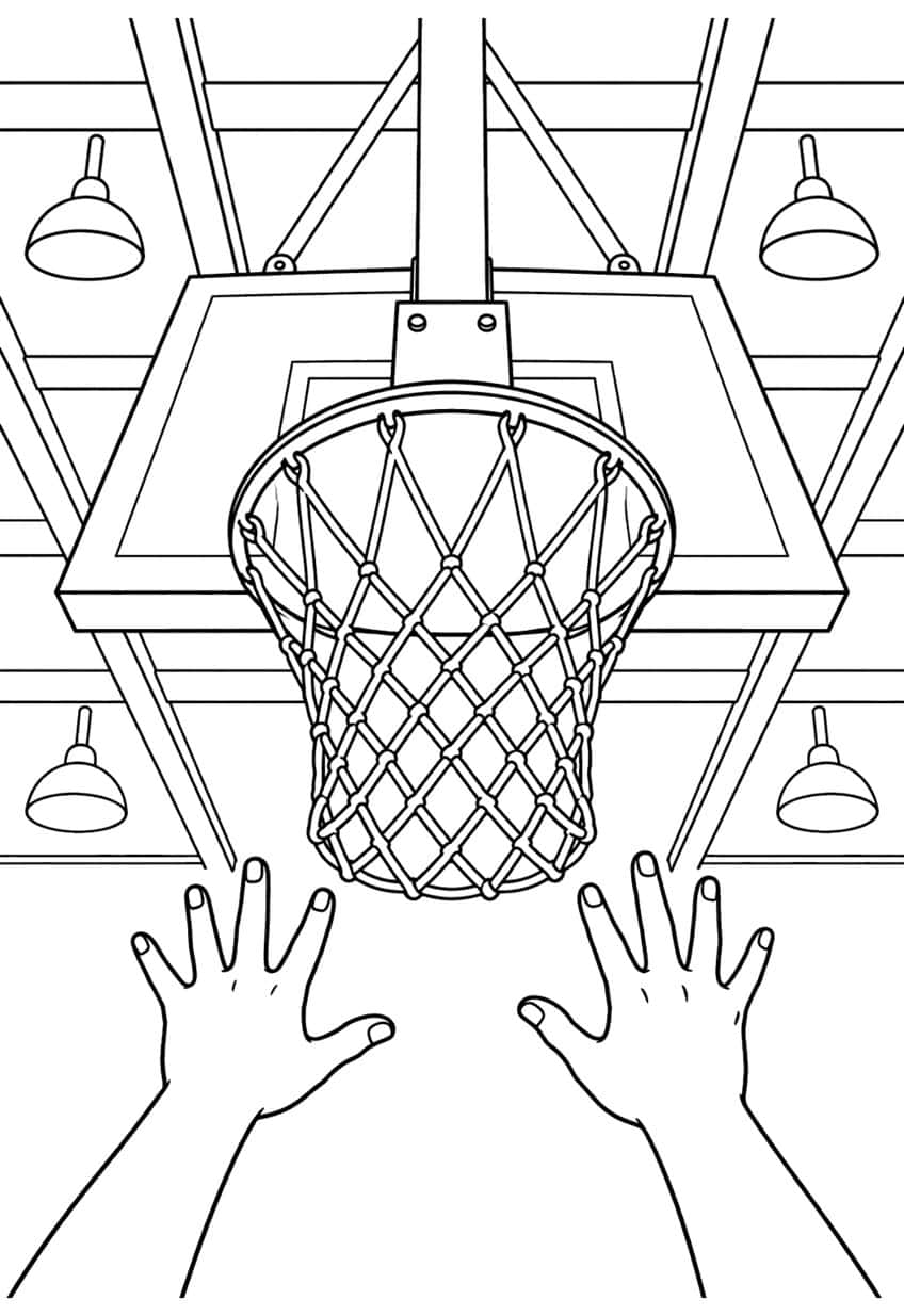 Coloring page of two hands reaching up toward a basketball hoop and net under a gym ceiling