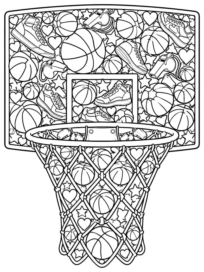 Coloring page of a basketball hoop and backboard filled with balls, sneakers, whistles, stars and hearts