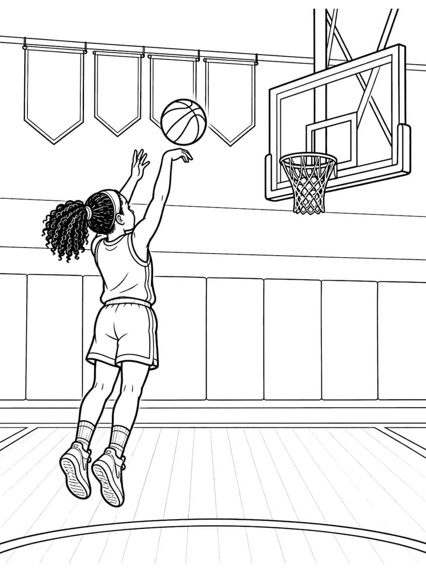 Coloring page of a girl in midair shooting a basketball toward the hoop, with banners overhead