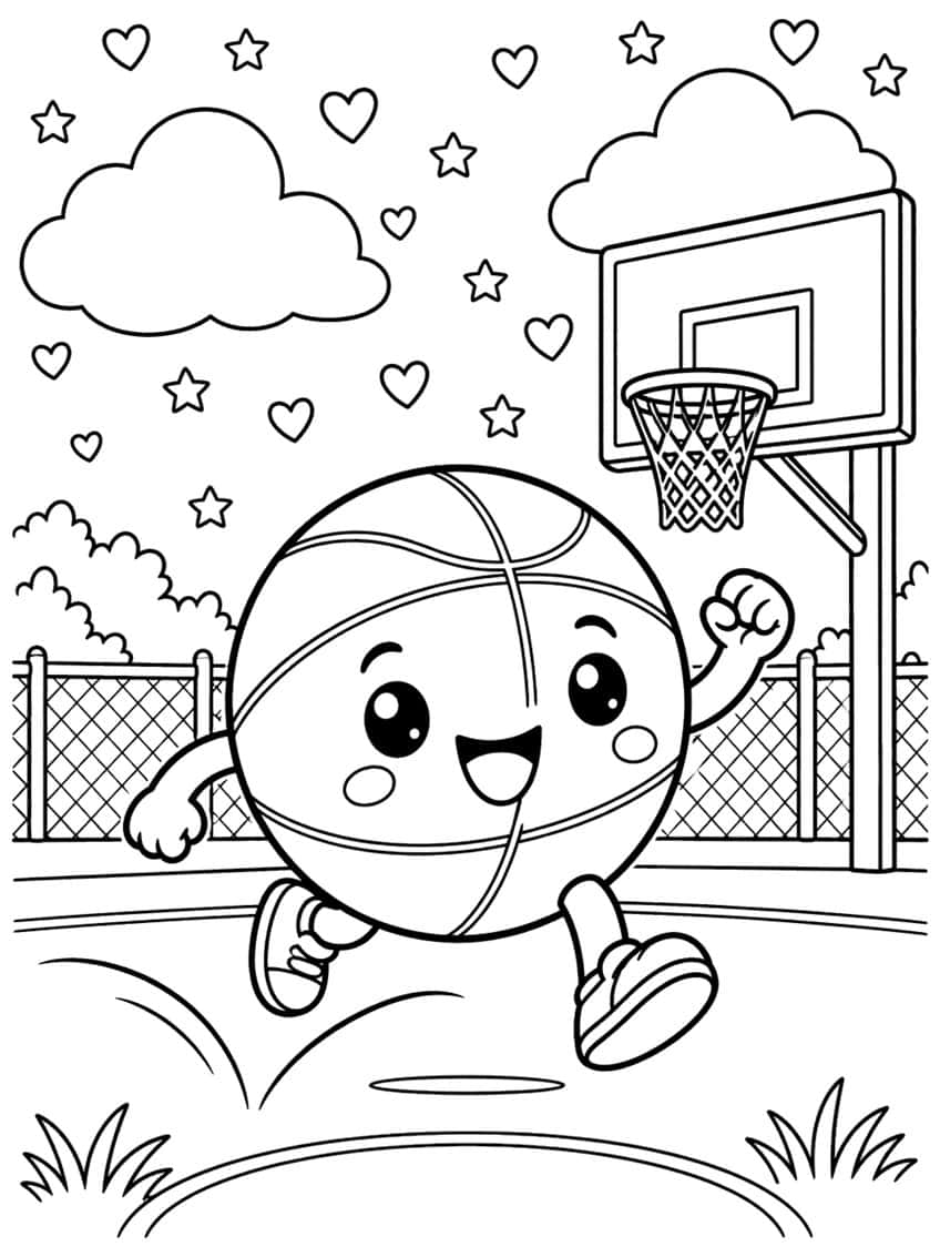 Coloring page of a smiling cartoon basketball running on an outdoor court near a hoop