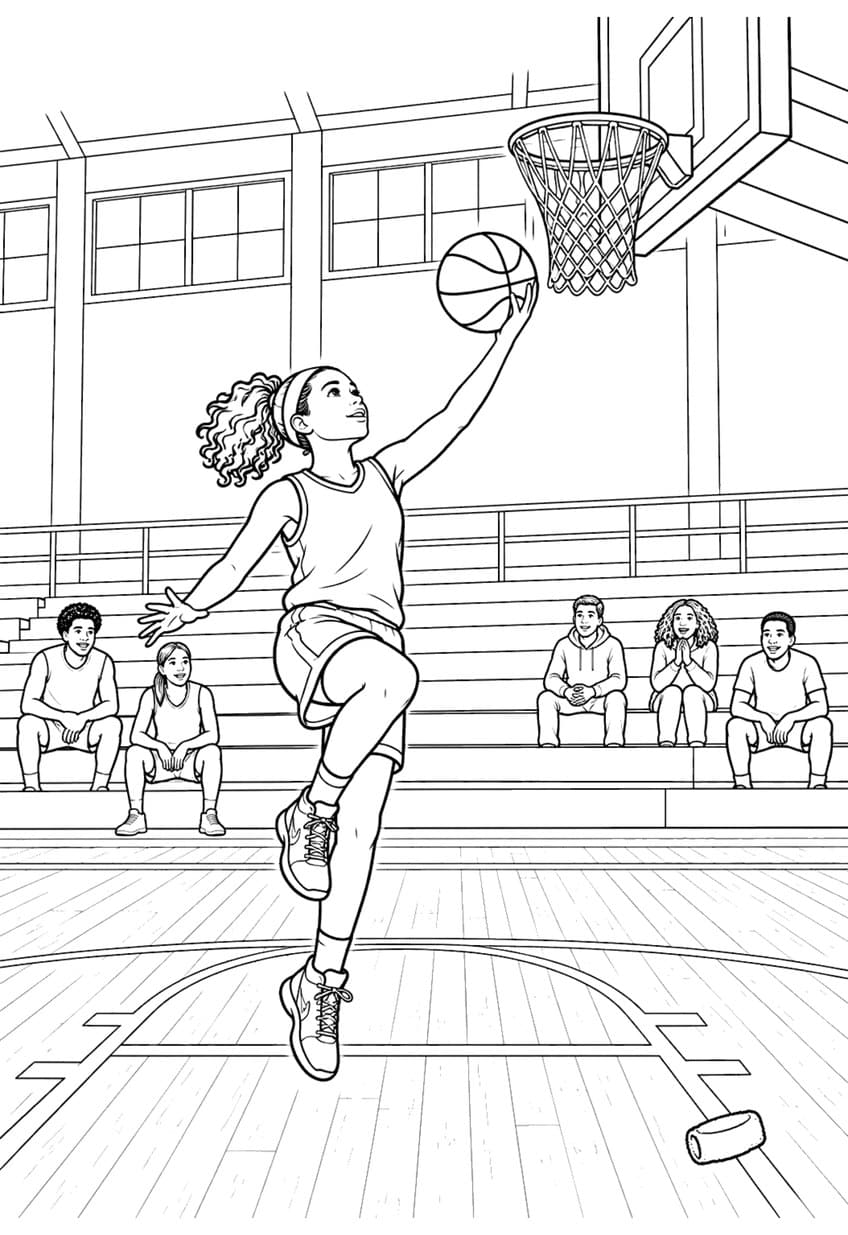 Coloring page of a girl shooting a layup at a basketball hoop with spectators on the bleachers
