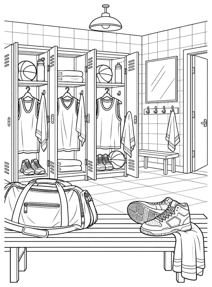Coloring page of a locker room with jerseys, basketballs, a gym bag, and sneakers on a bench