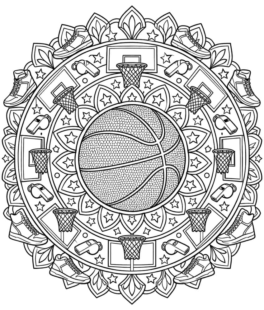 Basketball mandala coloring page with hoops, whistles, sneakers and stars around a ball