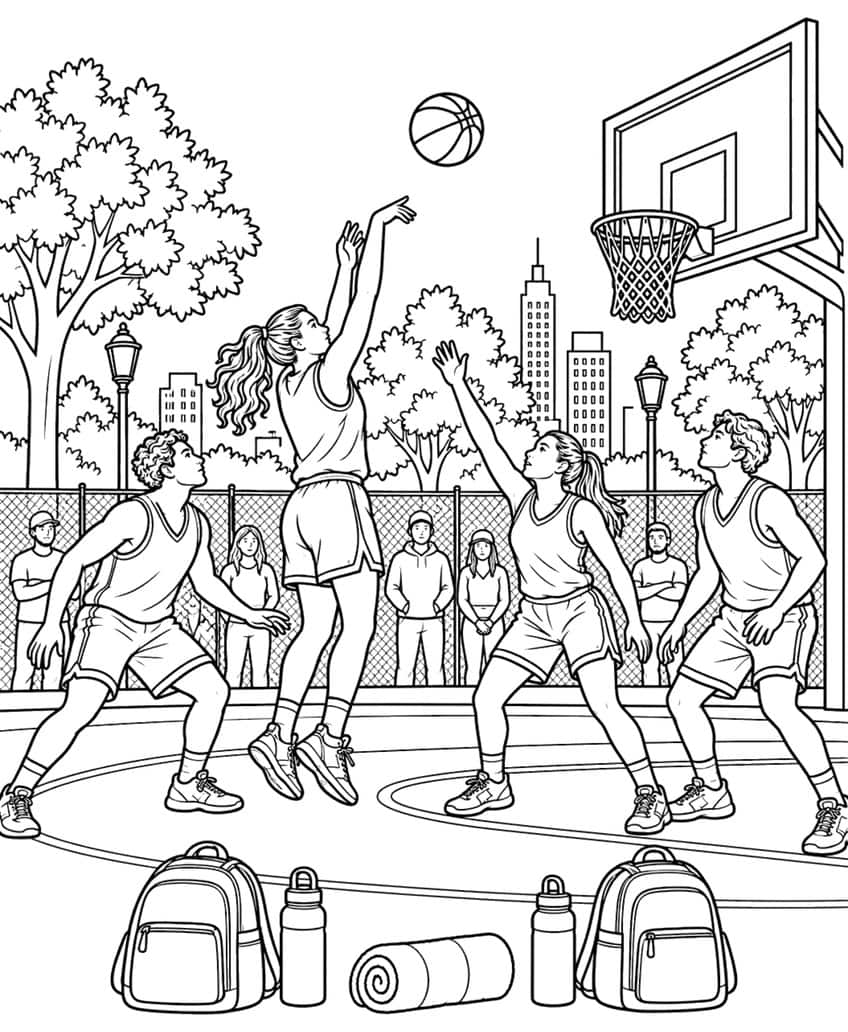 Coloring page of kids playing basketball on a park court with spectators and a city skyline