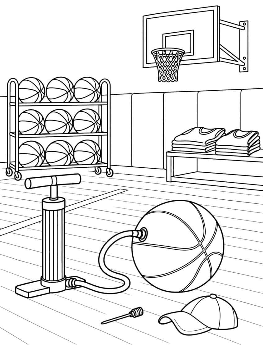 Coloring page of a pump inflating a basketball beside a ball rack, jerseys and a hoop