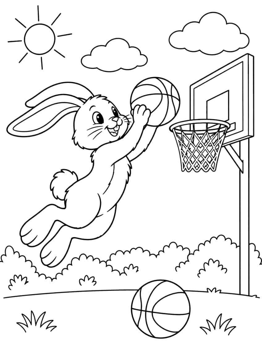 Coloring page of a cartoon bunny dunking a basketball into an outdoor hoop on a sunny day