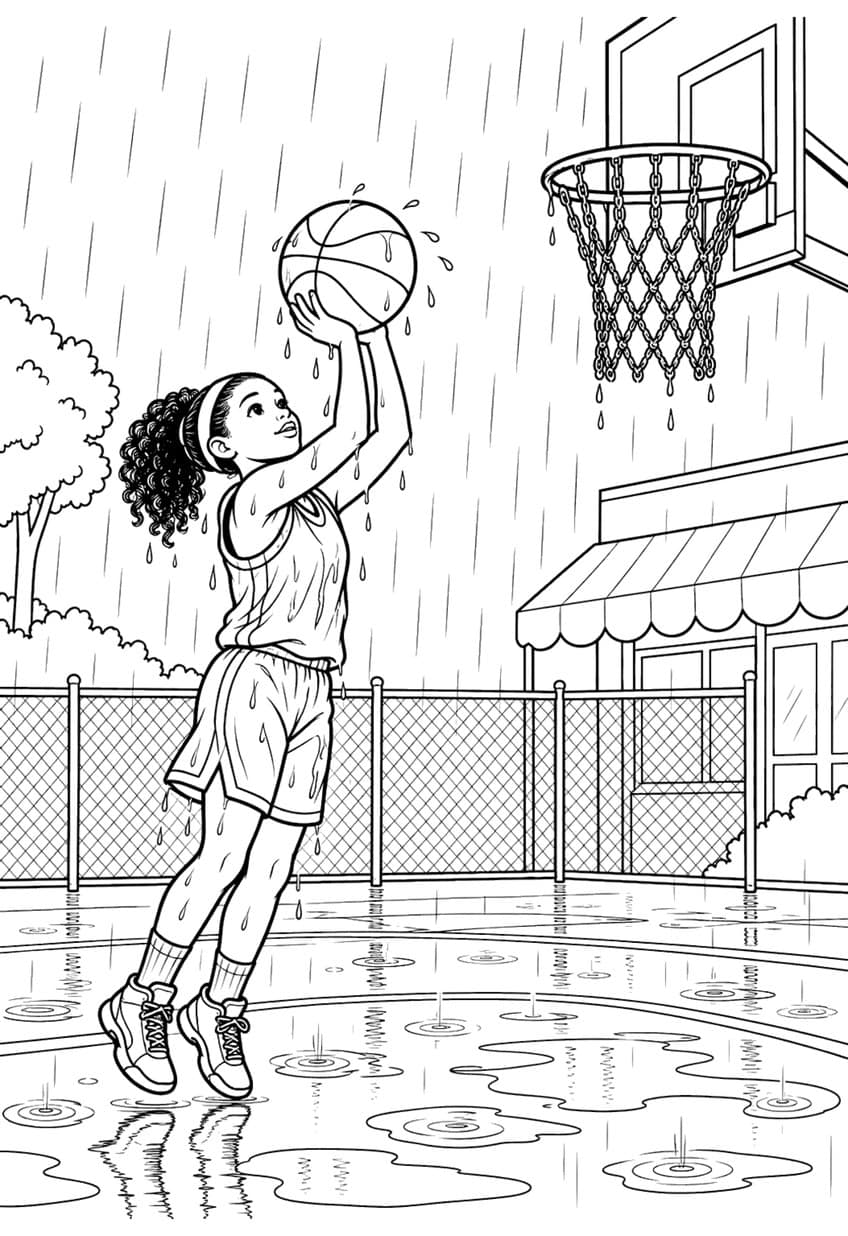 Coloring page of a girl shooting a basketball on a rainy outdoor court with puddles