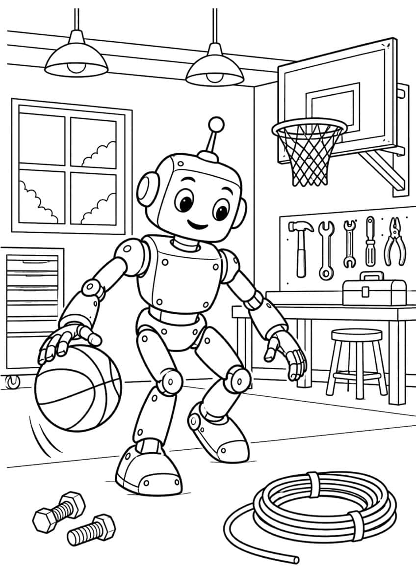 Coloring page of a friendly robot dribbling a basketball in a workshop with a hoop and tools