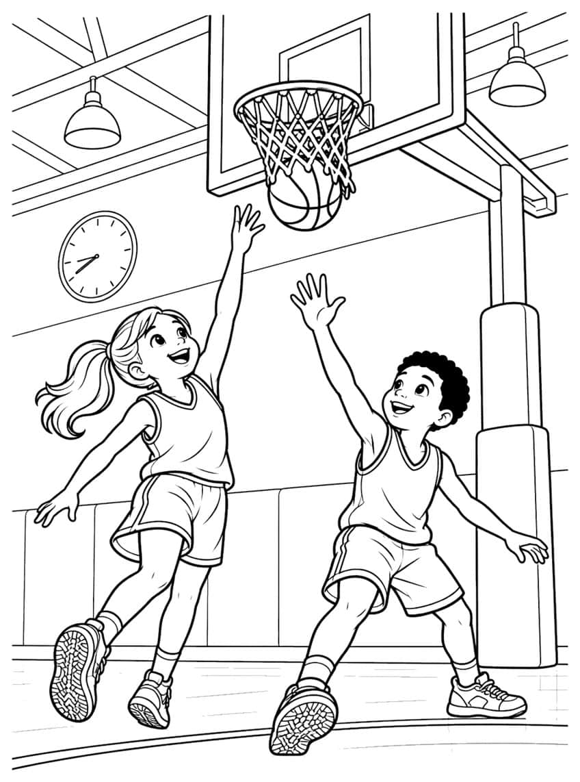 Coloring page of a girl and a boy reaching up as a basketball drops through the hoop in a gym