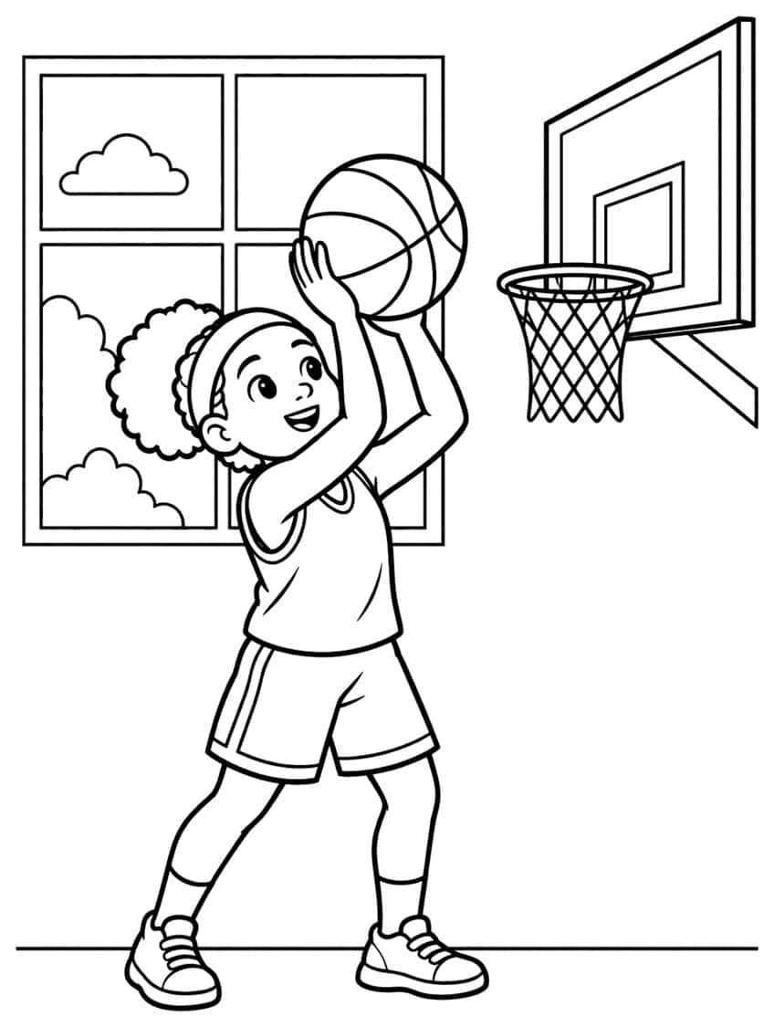 Coloring page of a curly-haired girl shooting a basketball at a hoop next to a window