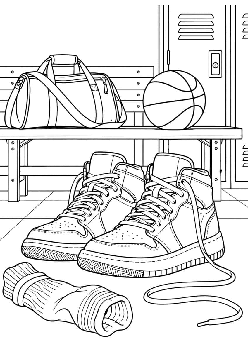 Coloring page of basketball sneakers on a locker room floor, with a gym bag and ball on a bench