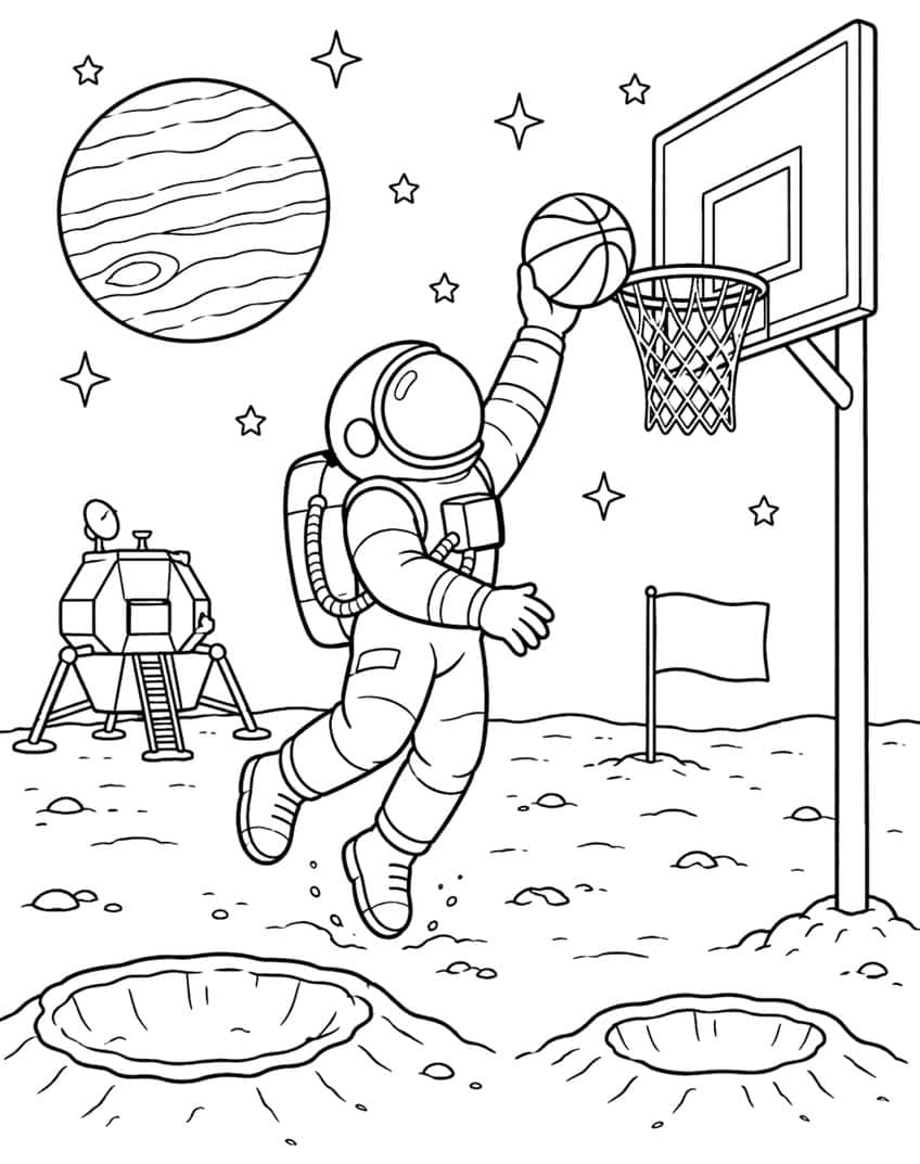 Coloring page of an astronaut dunking a basketball into a hoop on the moon
