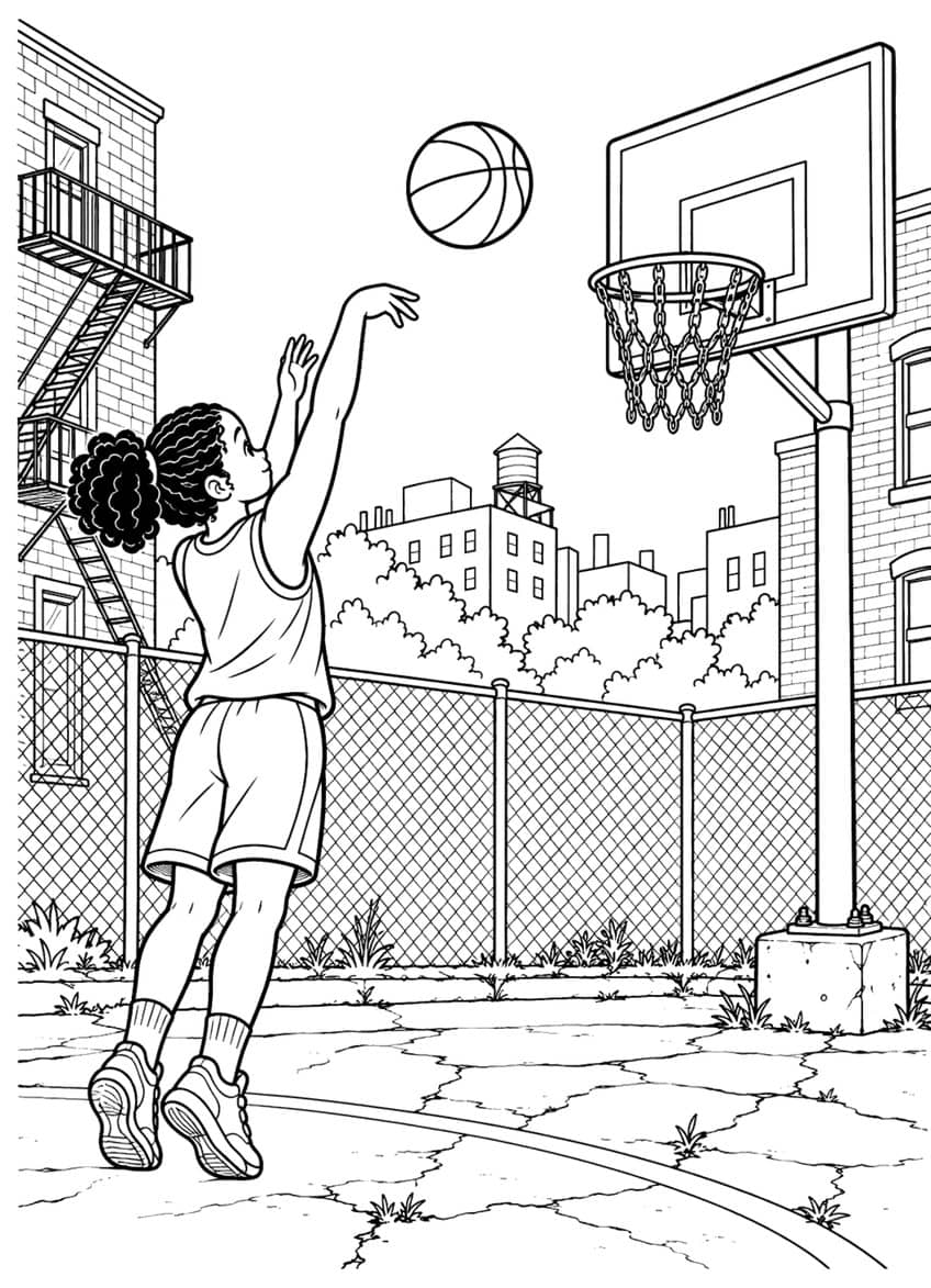 Coloring page of a girl shooting a basketball at a chain net hoop on a city street court