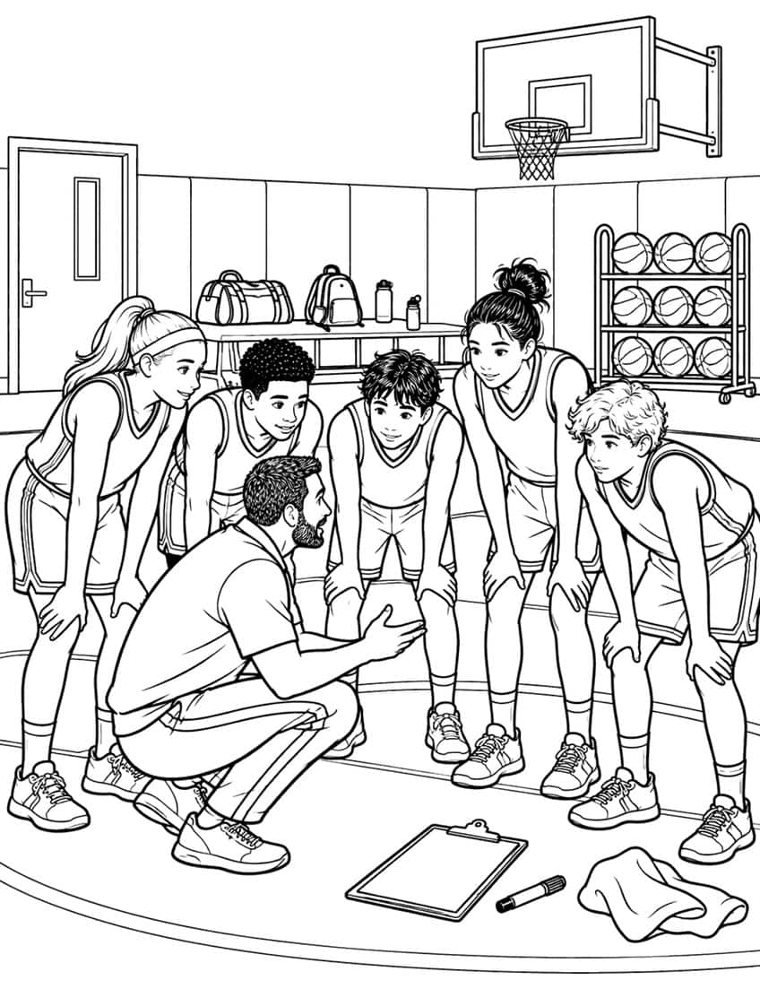 Coloring page of a basketball coach crouching and talking to five young players in a gym