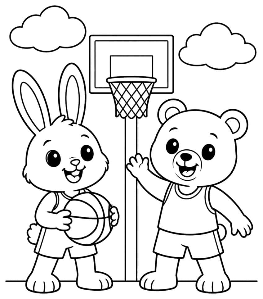 Coloring page of a bunny holding a basketball and a waving bear under a basketball hoop