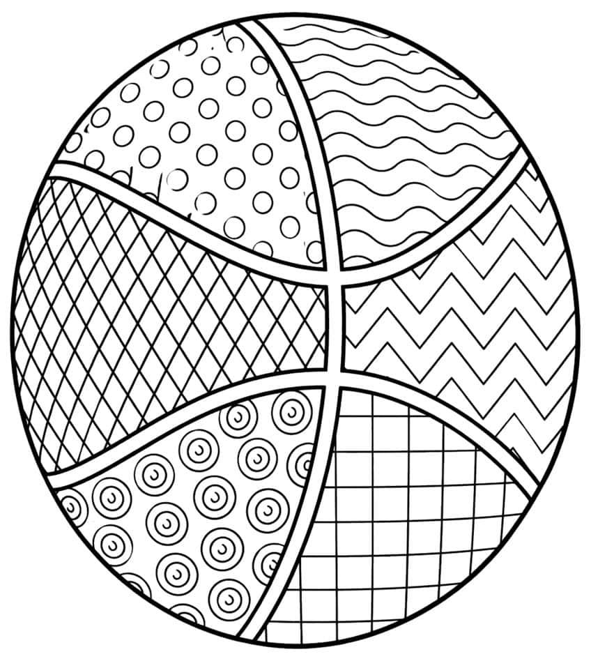 Coloring page of a basketball whose seam panels are filled with dots, waves, zigzags, spirals and grids