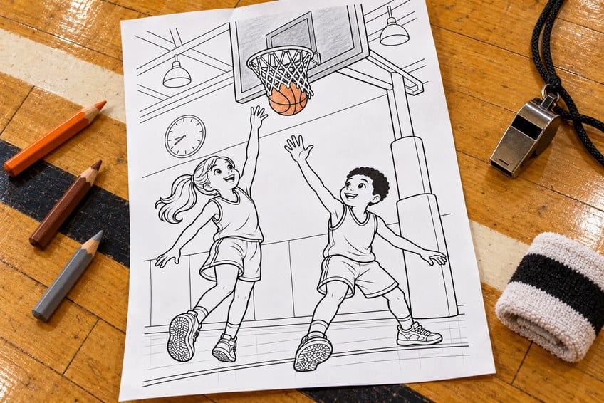 basketball coloring page partly colored in with pencils