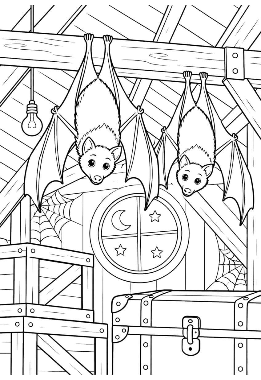 Two bats hanging from attic beam with cobwebs, crate, trunk and moon window