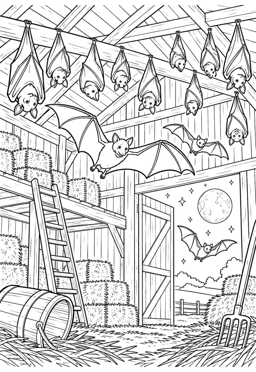Bats hanging in barn rafters and flying over hay bales with moon outside