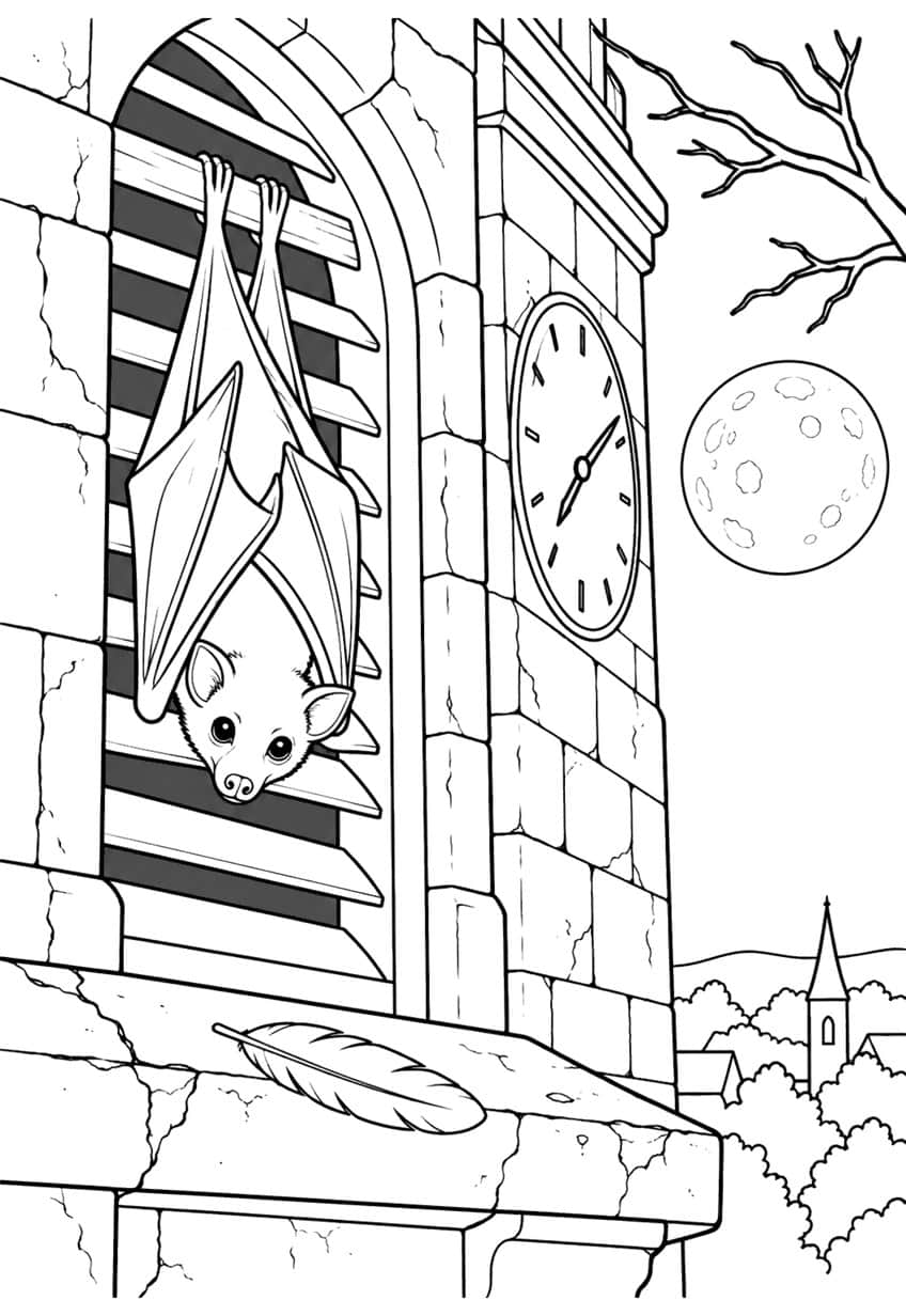 Bat hanging in belfry window next to a clock tower and full moon
