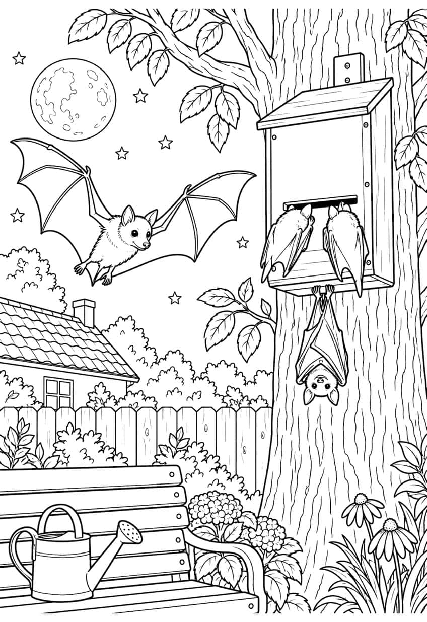 Flying bat, wooden bat house with two bats, hanging bat, garden with bench and moon