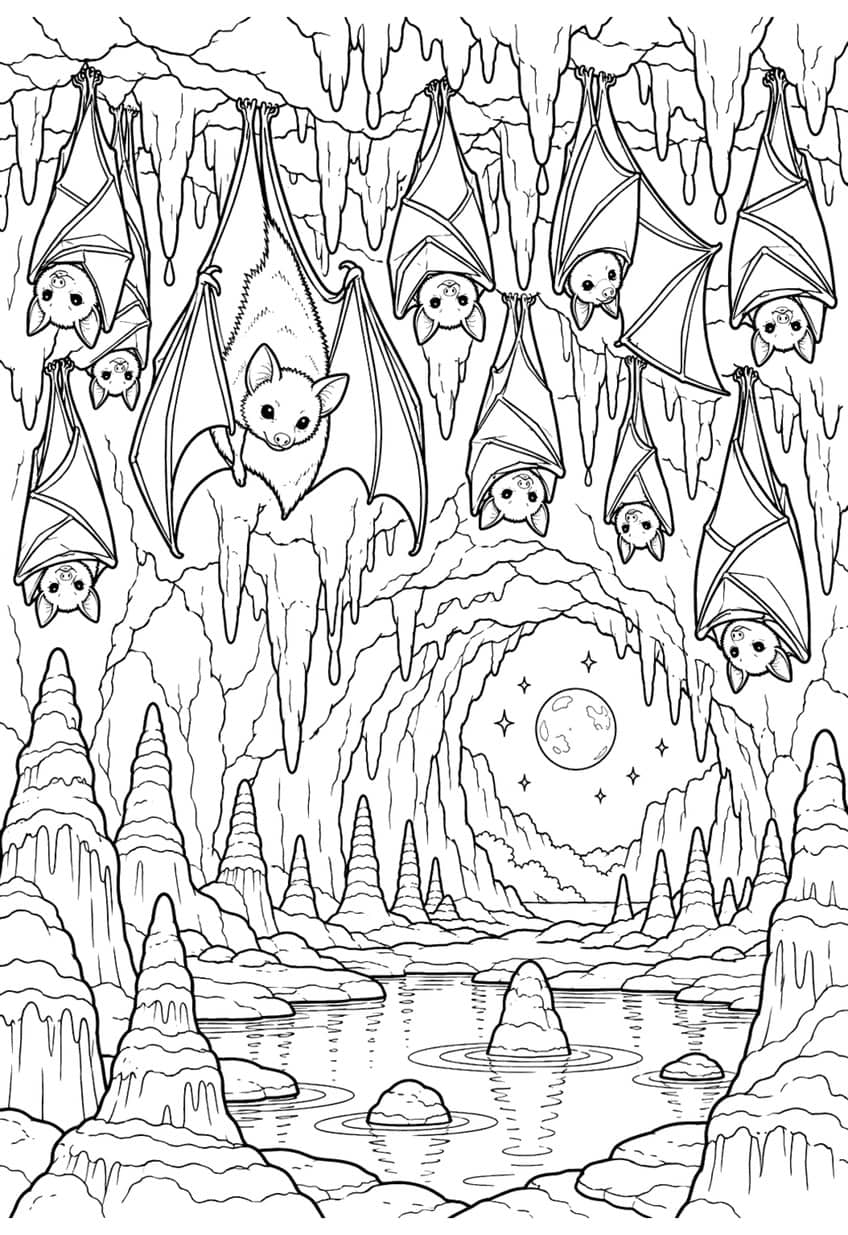 Group of bats hanging in a cave with stalactites, stalagmites, moon and lake