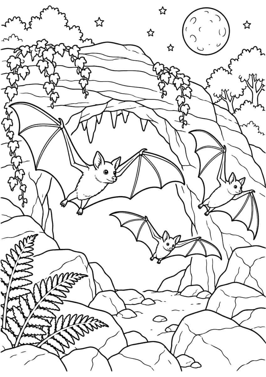 Three flying bats leaving a cave under ivy, moon, stars and ferns