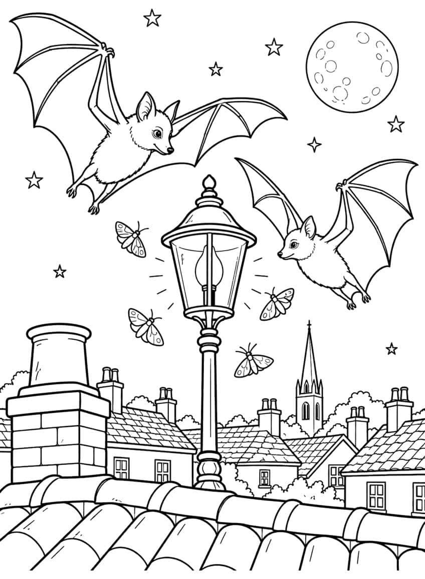 Two bats, streetlamp, moths, rooftops, chimney, church spire, full moon